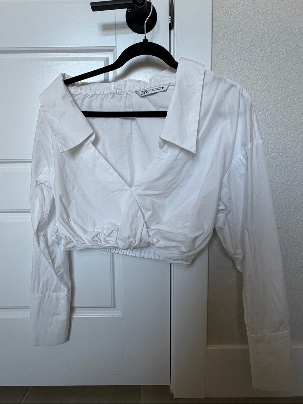 Zara White Cropped Wrap Blouse with Elastic Hem